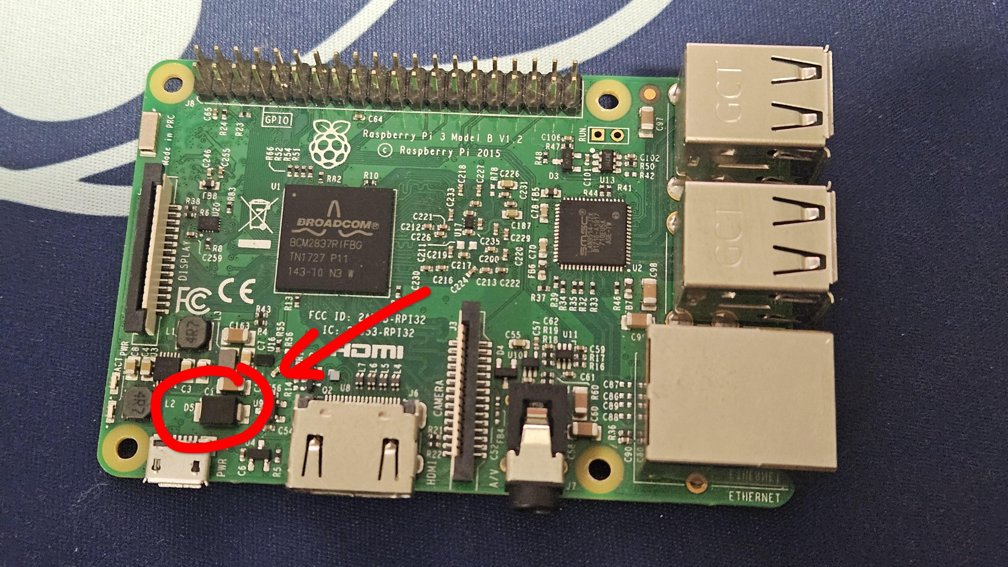 Picture of a Pi 3 with the component labelled "D5" circled