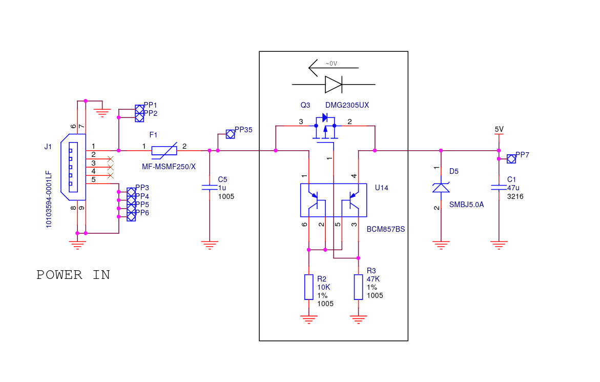 Pi 3 power circuitry schematic showing that D5 is a a diode labelled "SMBJ5.0A"