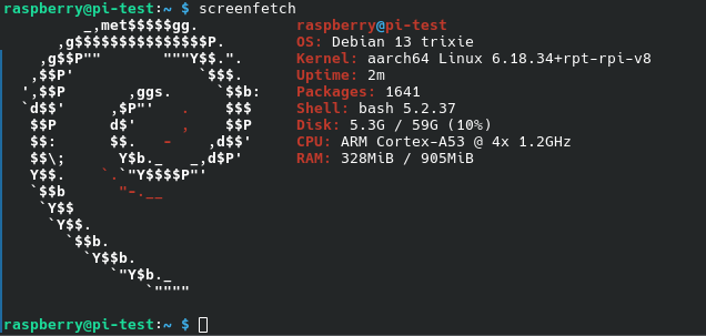 screenfetch showing the raspberry pi working